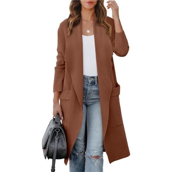 Women's Long Sleeve Draped Open Front Knit Pockets Long Cardigan Jacket Sweater